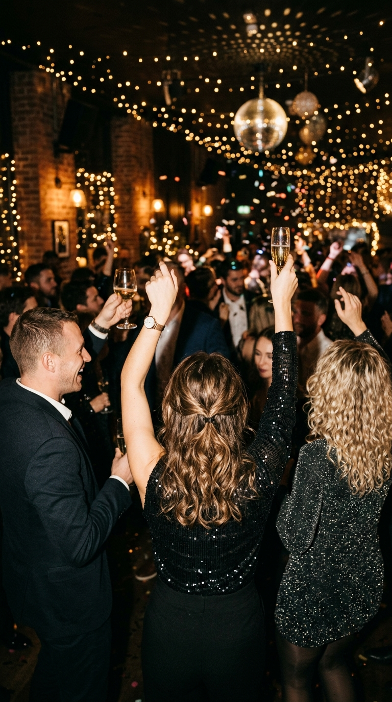 Guests raising glasses on a confetti-lit dance floor